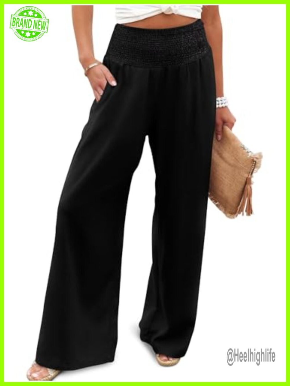 Womens Wide Leg Palazzo Pants High Waisted Smocked Casual Trousers